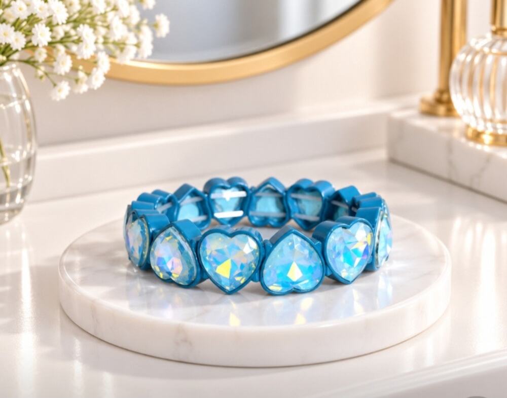 Heart Alloy Blue AB Blue Stone Stretch Bracelet New
